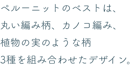 ペルーニットのベストは、丸い編み柄、カノコ編み、植物の実のような柄3種を組み合わせたデザイン。